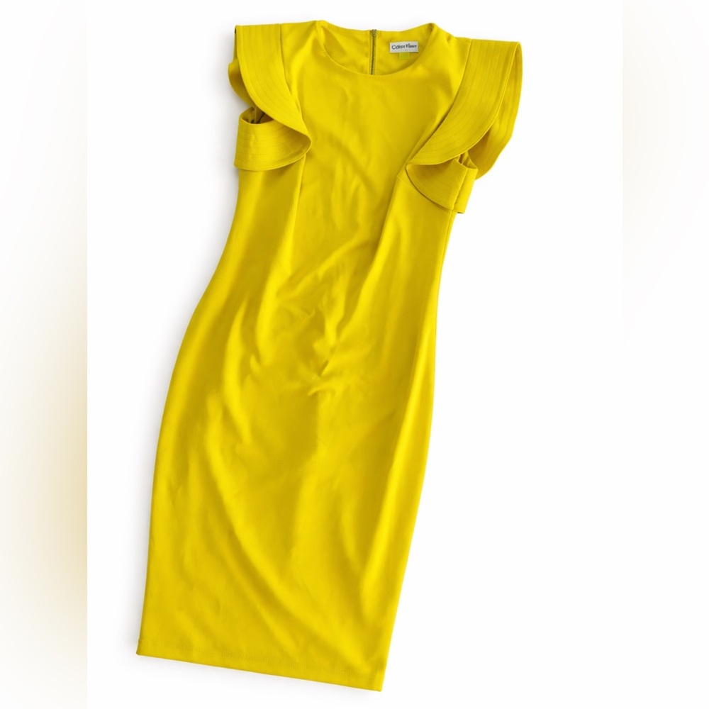 Calvin Klein Sheath Flutter Sleeve Yellow Midi Dress Spring Party Wedding